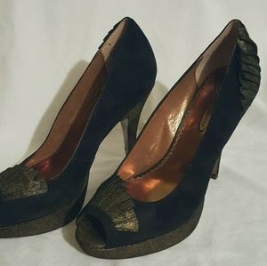 Poetic Licence black suede gold fan peep toe heels